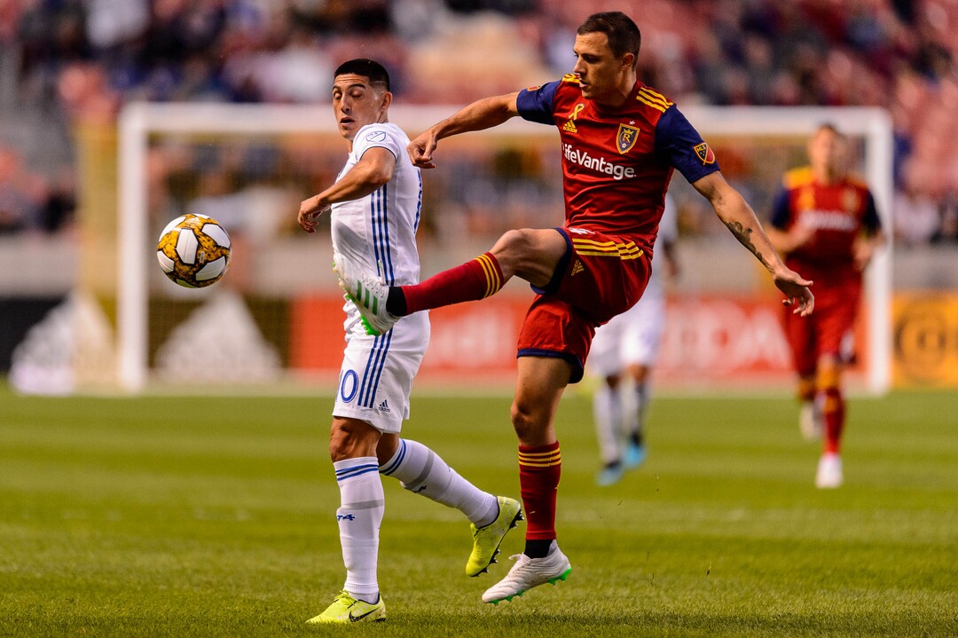 (Trent Nelson  |  The Salt Lake Tribune)  San Jose Earthquakes forward Cristian Espinoza (10) and Real Salt Lake defender Donny Toia (4) as Real Salt Lake hosts the San Jose Earthquakes, MLS soccer at Rio Tinto Stadium in Sandy on Wednesday Sept. 11, 2019.