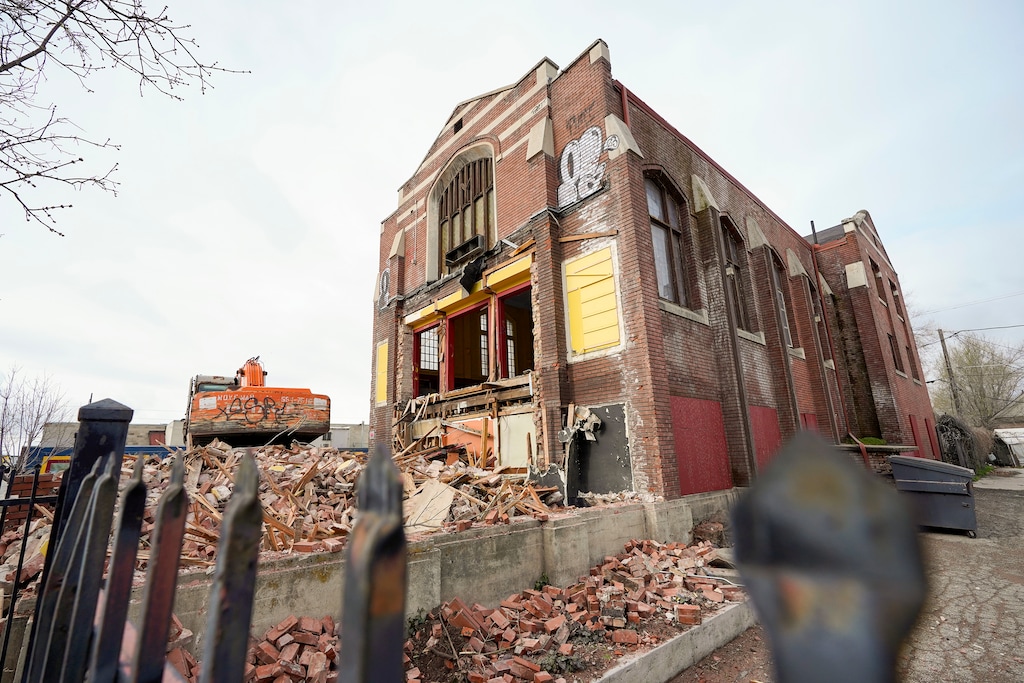 (Chris Samuels | The Salt Lake Tribune) The remains of the Fifth Ward meetinghouse on 300 West in Salt Lake City, Monday, April 1, 2024. Salt Lake City says it will force the owner of the building to restore it after an unauthorized partial demolition on Easter Sunday.