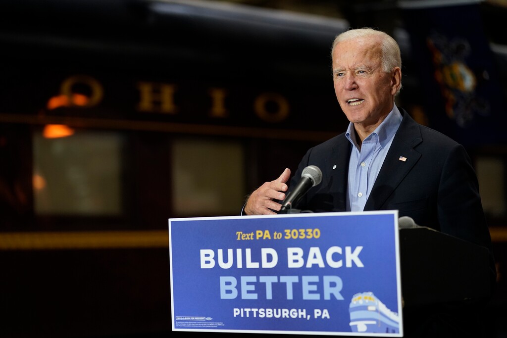 Democratic presidential candidate former Vice President Joe Biden speaks at Amtrak's Pittsburgh Train Station, Wednesday, Sept. 30, 2020, in Pittsburgh. Biden is on a train tour through Ohio and Pennsylvania today. (AP Photo/Andrew Harnik)