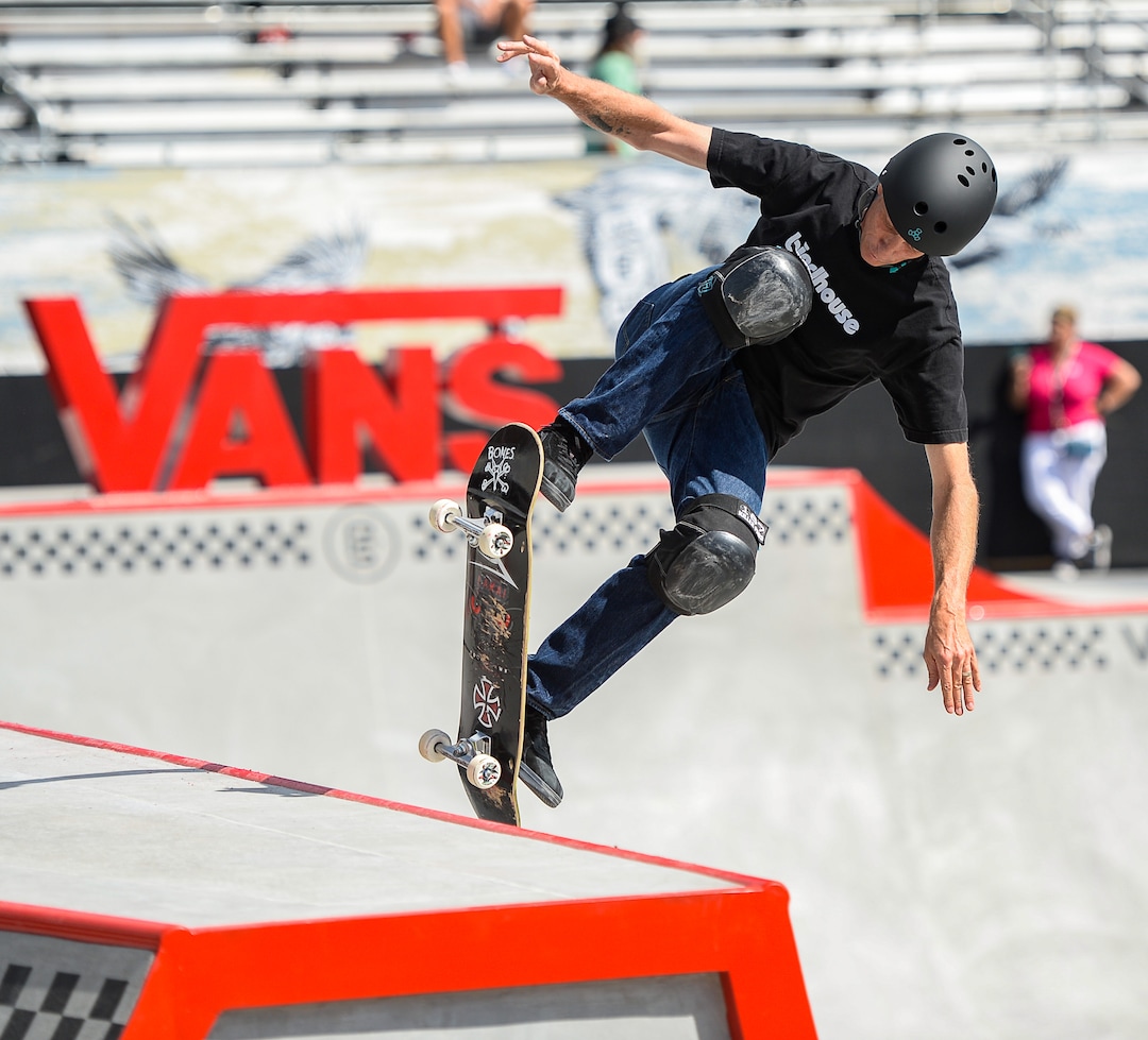 (Francisco Kjolseth  |  The Salt Lake Tribune)  Skate legend Tony Hawk delights the crowd as he drops in for a round of tricks along with other pro skaters gathered for a community skate and first look of the new Vans - Utah Sports Commission Skatepark at the Utah State Fairpark on Tuesday, Sept. 3, 2019.