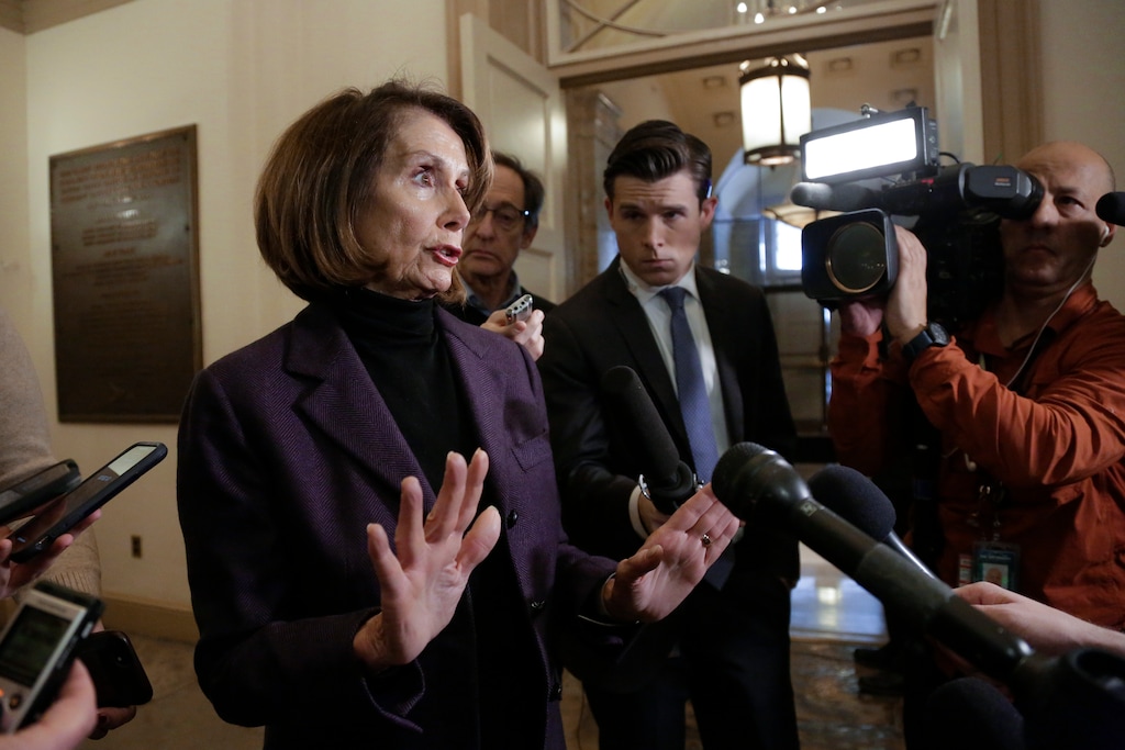 Speaker of the House Nancy Pelosi, D-Calif., takes questions from reporters, Friday, Jan. 18, 2019, on Capitol Hill in Washington. (AP Photo/J. Scott Applewhite)