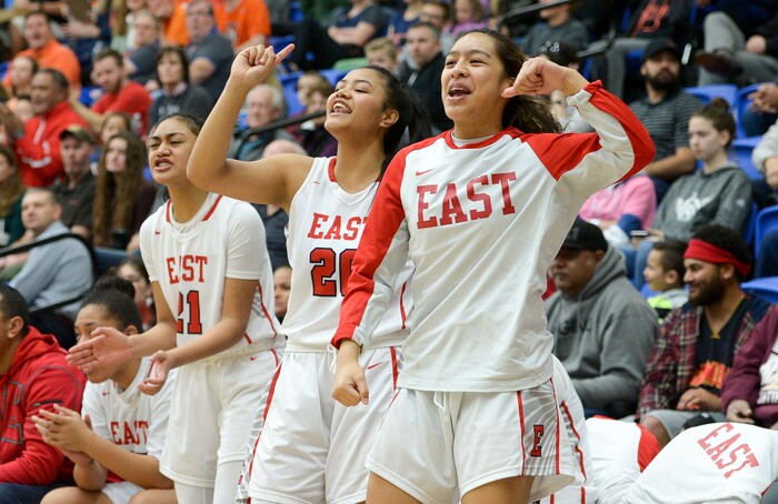 (Leah Hogsten  |  The Salt Lake Tribune) East's bench celebrates play. East led Timpview 22 points in the first half.  East faces Timpview in the championship game of the 5A High School Girls' Basketball Tournament at SLCC in Taylorsville, Saturday, Feb. 24, 2018.
