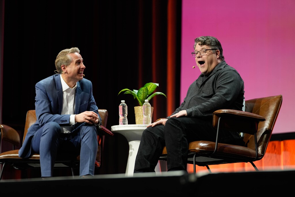 (Francisco Kjolseth | The Salt Lake Tribune) American actor Sean Astin, right, shares a laugh with emcee Kirby Heyborne at RootsTech genealogy conference in Salt Lake City on Saturday, March 4, 2023.