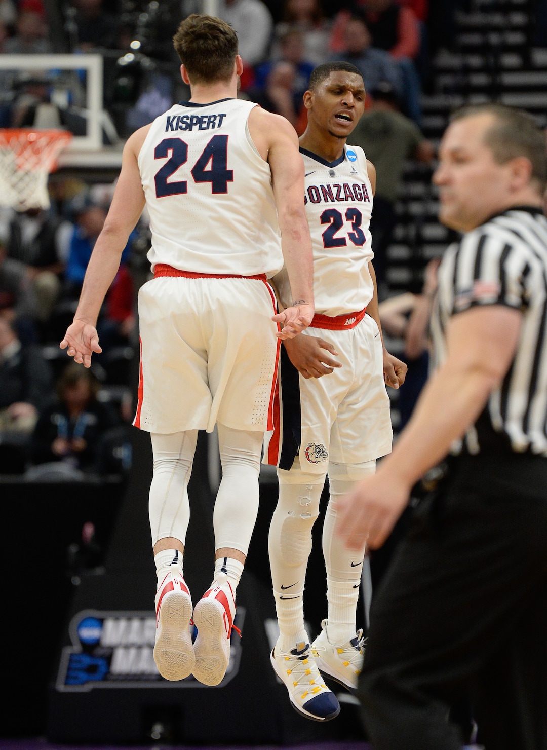 (Francisco Kjolseth  |  The Salt Lake Tribune)  Gonzaga Bulldogs forward Corey Kispert (24) celebrates a three pointer with Gonzaga Bulldogs guard Zach Norvell Jr. (23) as Gonzaga faces Fairleigh Dickinson in their first round menÕs NCAA March Madness tournament game at Vivint Smart Home Arena in Salt Lake City on Thursday, March 21, 2019.