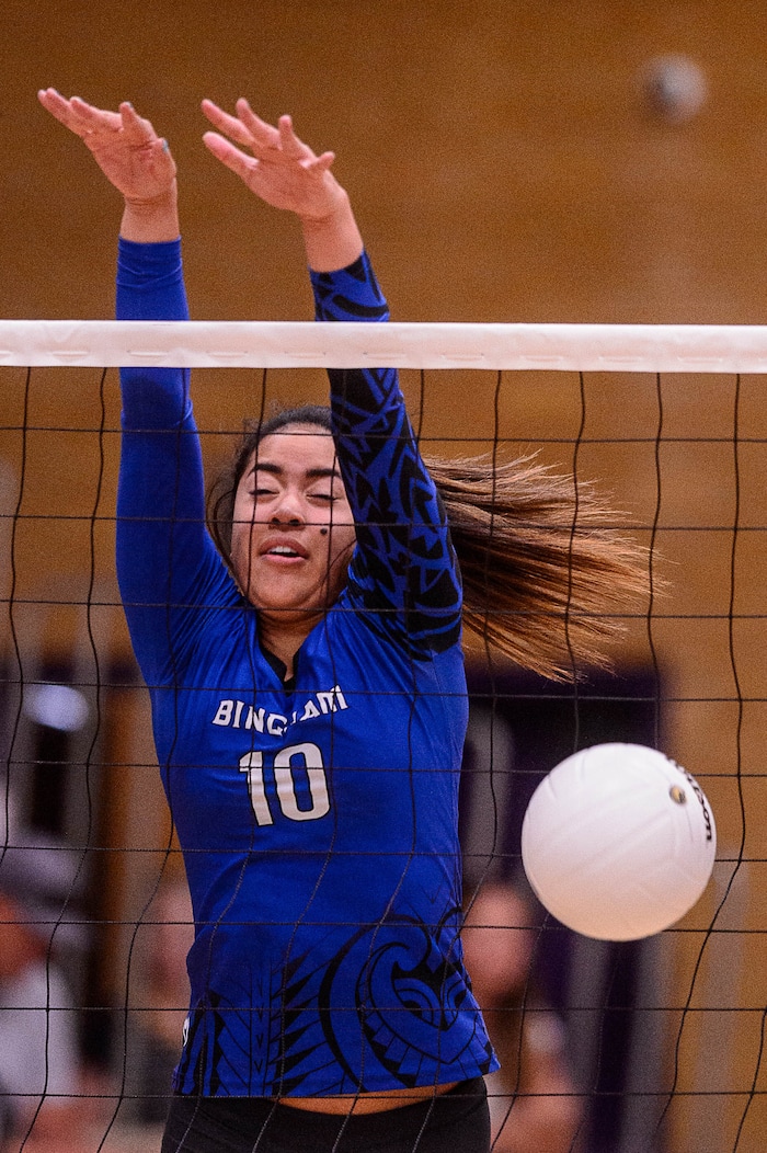 (Trent Nelson  |  The Salt Lake Tribune)  Bingham's Seleisa Elisaia (10) as North Summit hosts Bingham, high school girls' volleyball in Coalville, Thursday August 17, 2017.