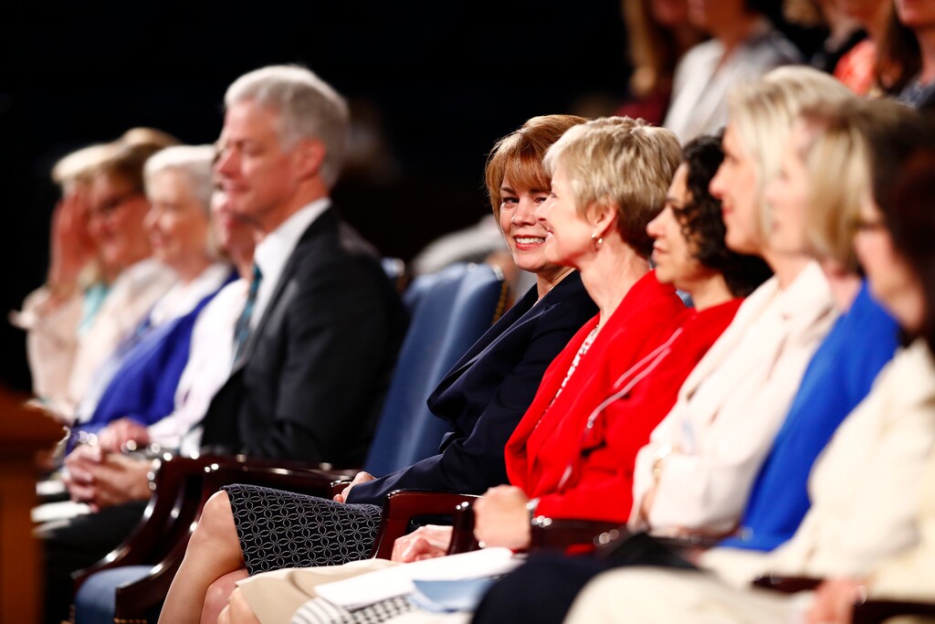 | Courtesy of The Church of Jesus Christ of Latter-day Saints
Sister Eubank, Relief Society general presidency first counselor and director of LDS Charities, spots the camera as the women leaders sit on the stage at the BYU Women's Conference in Provo, Utah, May 4, 2017.