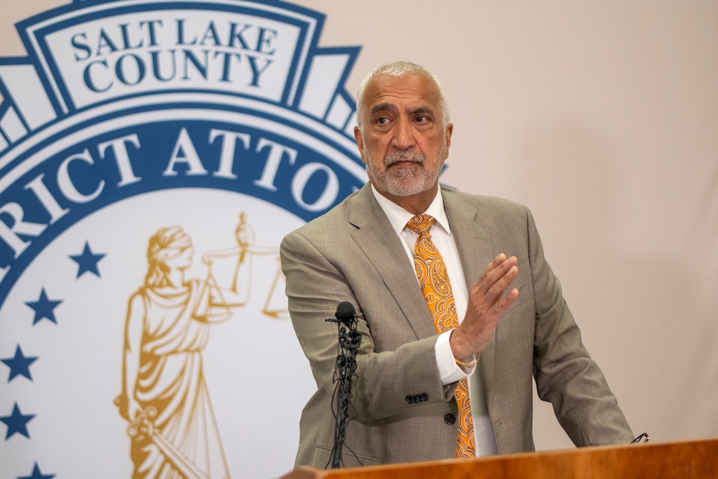(Rick Egan | The Salt Lake Tribune) Salt Lake County District Attorney Sim Gill speaks during a news conference on Friday, June 20, 2025.

