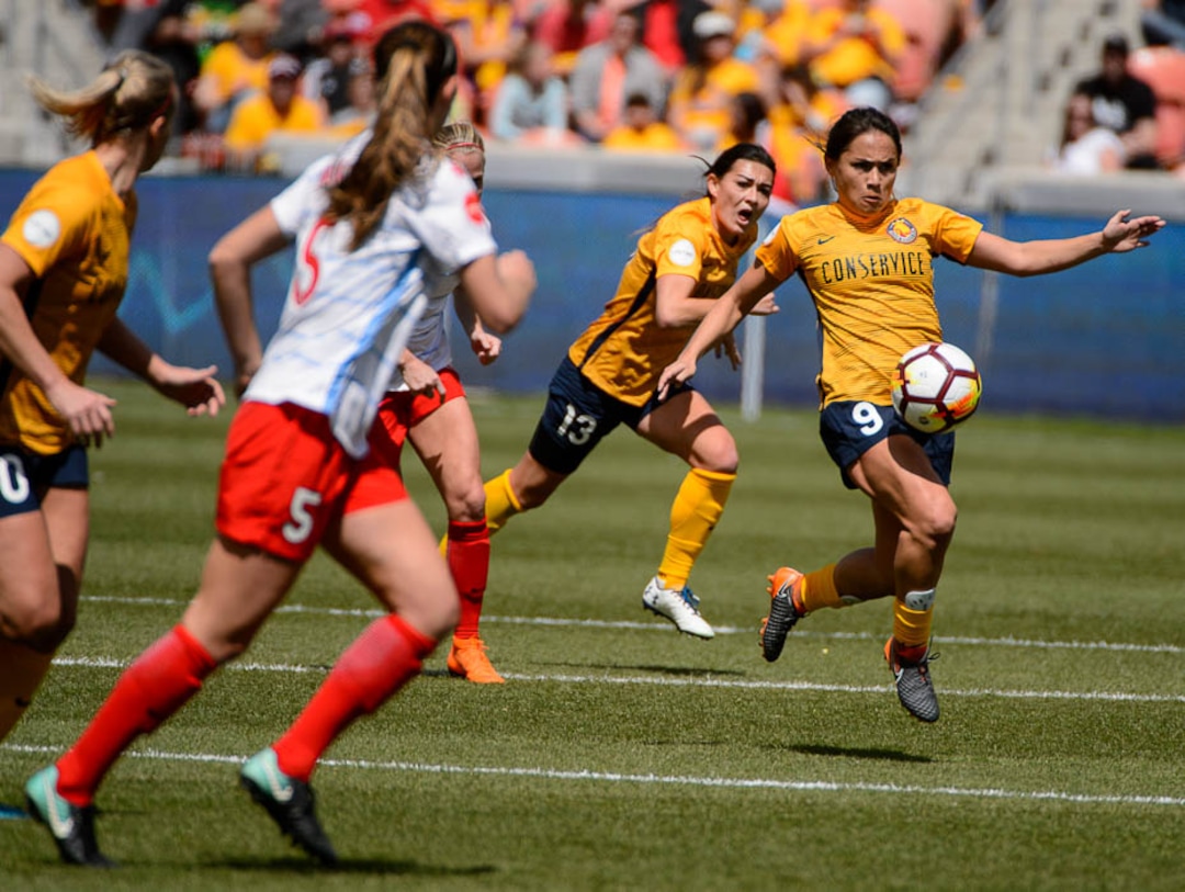 (Trent Nelson | The Salt Lake Tribune)  Utah Royals FC hosts the Chicago Red Stars, at Rio Tinto Stadium in Sandy, Saturday April 14, 2018. Utah Royals FC midfielder Lo'eau LaBonta (9).
