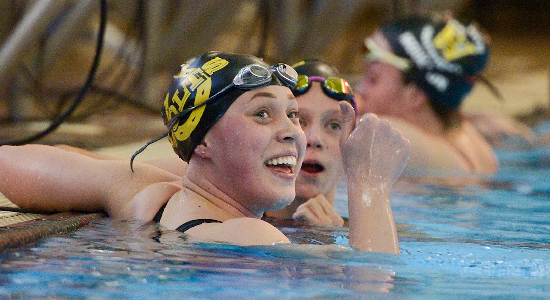 (Leah Hogsten  |  The Salt Lake Tribune)  l-r Cottonwood High School's Emma Walker and Kennedy Callaway take first and second place in the 100 yard breaststroke with times of 1:07.53 and 1:08.43 respectively at the Class 5A State Championships in Bountiful, Saturday, February 10, 2018. 