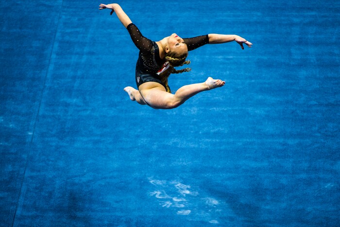 Chris Detrick  |  The Salt Lake TribuneUtah gymnast Maddy Stover performs her floor routine during the Red Rocks Preview at the Huntsman Center Friday December 11, 2015.  