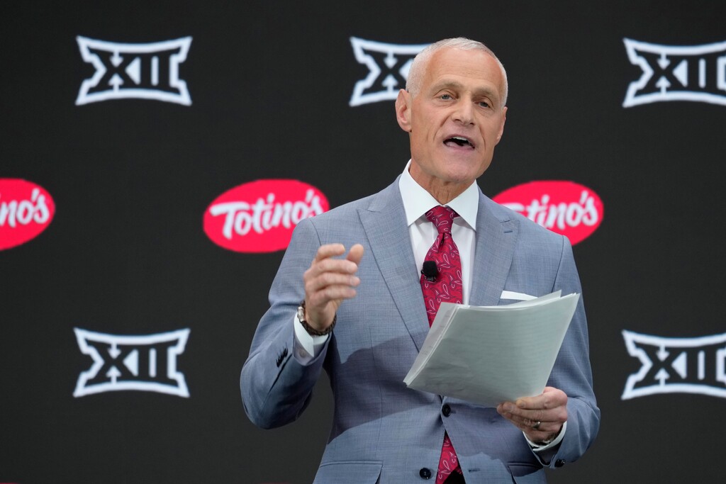(Lucas Peltier | AP) Big 12 Commissioner Brett Yormark speaks during Big 12 NCAA college football media days in Las Vegas Tuesday, July 9, 2024.