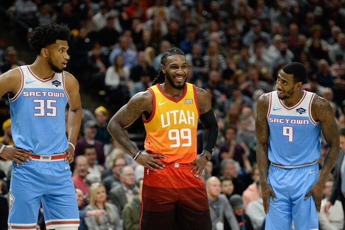 (Francisco Kjolseth  |  The Salt Lake Tribune)  Utah Jazz forward Jae Crowder (99) laughs alongside Sacramento Kings forward Marvin Bagley III (35) and Sacramento Kings guard Iman Shumpert (9) in the NBA game at Vivint Smart Home Arena Wed., Nov. 21, 2018, in Salt Lake City.