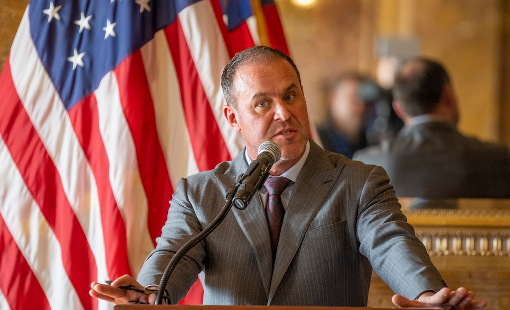 (Rick Egan | The Salt Lake Tribune) Utah House Speaker Mike Schultz, R-Hooper, says a few words during a news conference in the Gold Room at the Capitol, on Monday, Feb. 12, 2024. The Utah House says they have no record of Schultz's calendar of public events.
