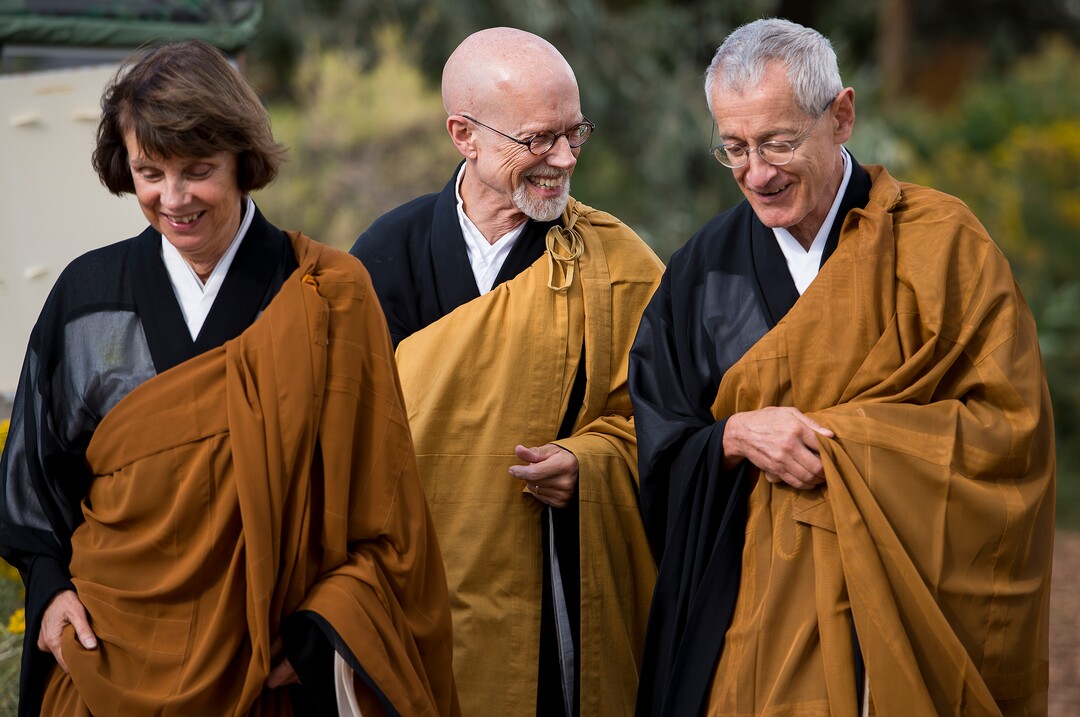 (Leah Hogsten  |  The Salt Lake Tribune) l-r Catherine Genno Pages Roshi, Michael Mugaku Zimmerman Sensei and Michel Genko Dubois share a laugh prior to the dedication and eye opening ceremony at Torrey Zendo Meditation Center, Sept. 13, 2017, in Torrey. The Torrey Zendo, founded by Zimmerman and Diane Musho Hamilton Sensei, is now a year-round facility for Zen study, practice and retreats.