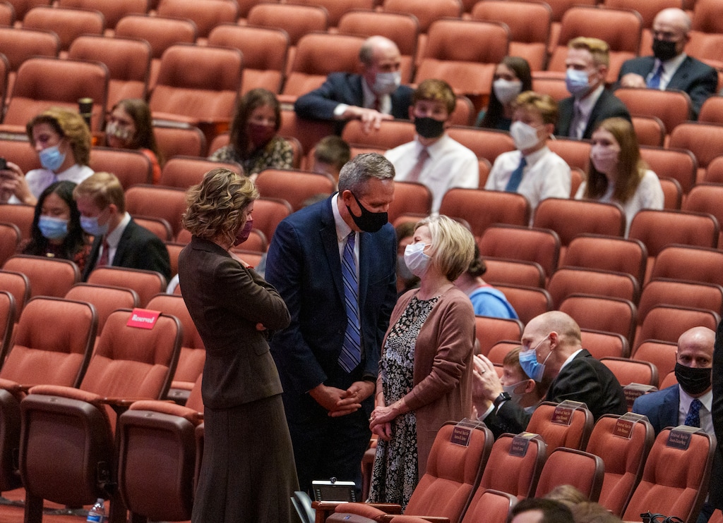(Leah Hogsten | The Salt Lake Tribune) Members of The Church of Jesus Christ of Latter-day Saints greet each other before the 191st Semiannual General Conference at the Conference Center in Salt Lake City on Saturday, Oct. 2, 2021. Church membership growth slowed dramatically in 2020 due to COVID-19.