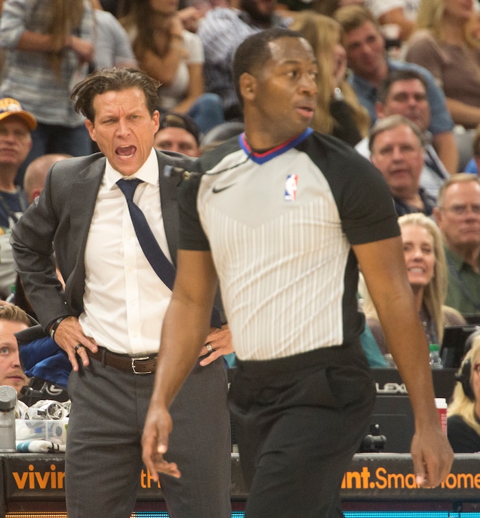 (Rick Egan  |  The Salt Lake Tribune)  Utah Jazz head coach Quin Snyder has a few world with the official, in NBA action Utah Jazz vs.Los Angeles Lakers Salt Lake City, Saturday, October 28, 2017. 