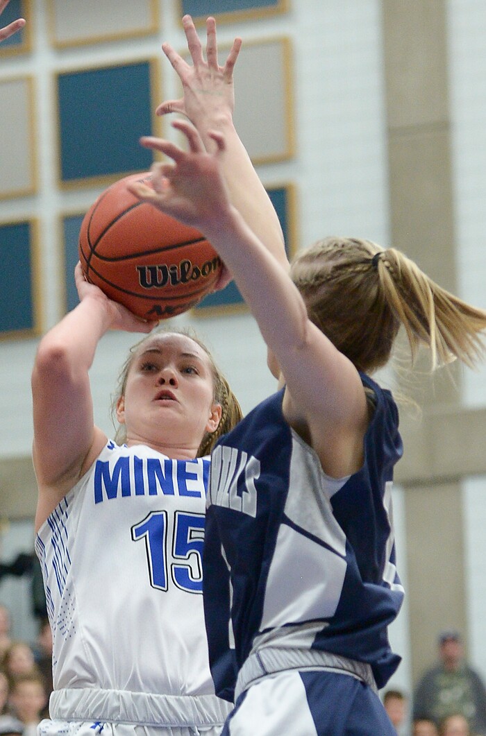 (Leah Hogsten  |  The Salt Lake Tribune)  Bingham's Maggie Mccord (15)  had 16 points and 11 rebounds. Bingham defeated Copper Hills 48-40 in their semifinal game of the 6A High School Girls' Basketball Tournament at SLCC in Taylorsville, Friday, Feb. 23, 2018. 