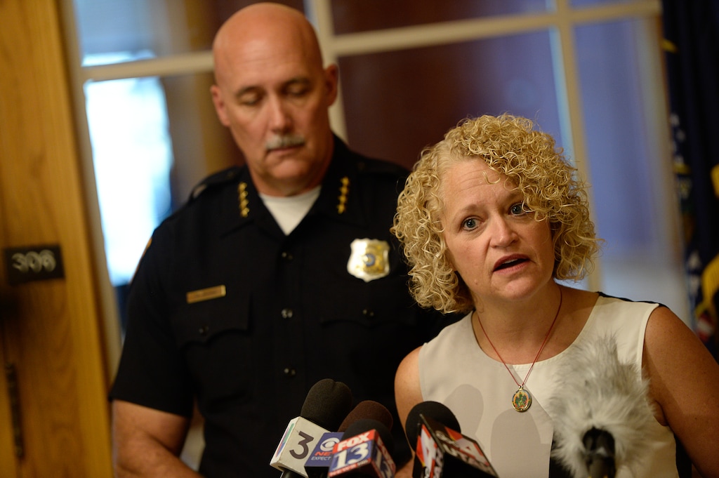 (Francisco Kjolseth  |  The Salt Lake Tribune)  Salt Lake City's Police Chief Mike Brown and Mayor Jackie Biskupski hold a press conference at the City and County building on Friday, Sept. 1, 2017, to apologize for an officer handcuffing a hospital nurse for refusing a blood draw from an unconscious patient.