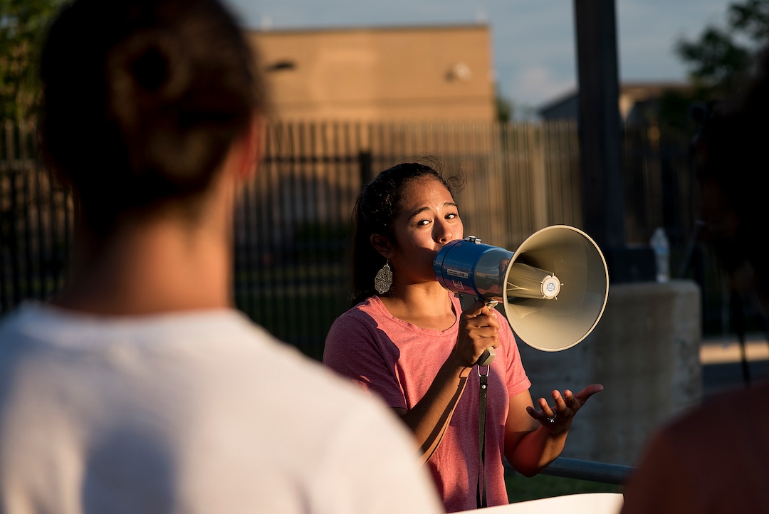 Michael Mangum  |  Special to the Tribune

Claudia Loayza of South Jordan speaks to the crowd during a protest outside the U.S. Immigration and Customs Enforcement Salt Lake City Field Office in West Valley City, UT on Wednesday, July 24, 2019.