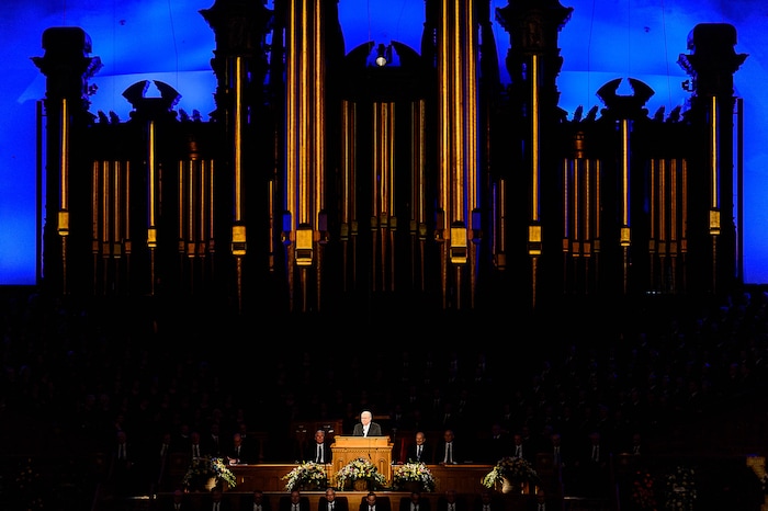 (Trent Nelson | The Salt Lake Tribune)  Elder M. Russell Ballard speaks at funeral services for Elder Robert D. Hales at the Salt Lake Tabernacle in Salt Lake City Friday October 6, 2017.