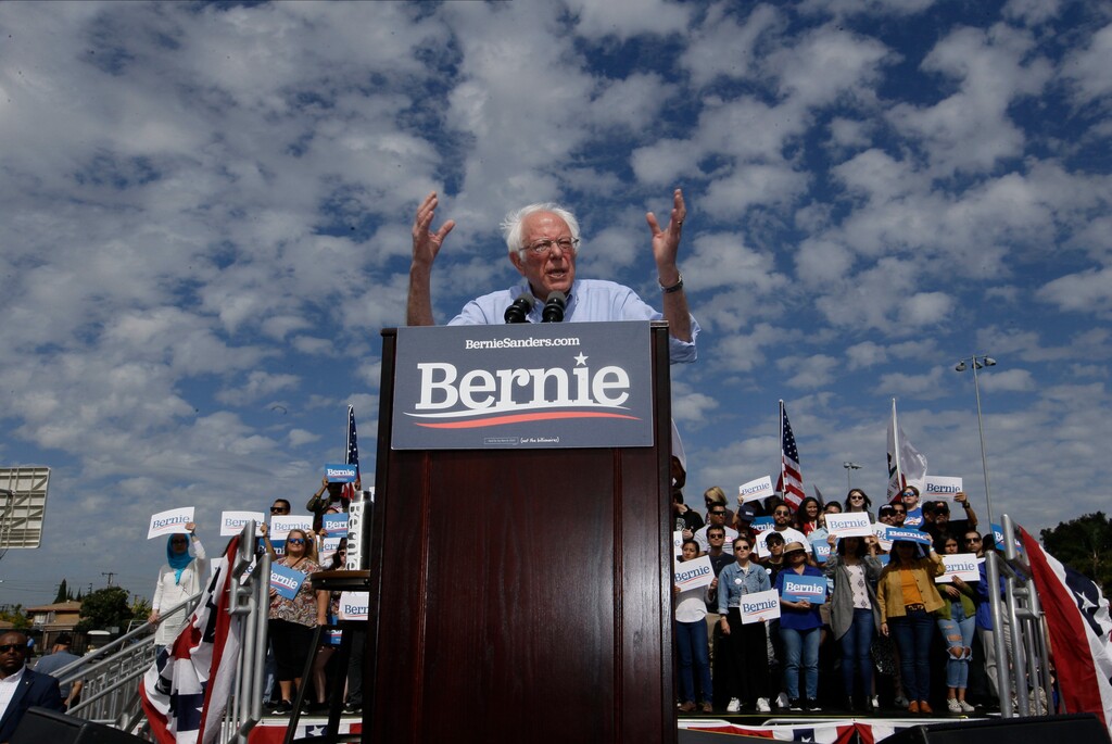 (Damian Dovarganes | AP) Democratic presidential candidate Sen. Bernie Sanders, I-Vt., speaks at a campaign event at Valley High School in Santa Ana, Calif., Friday, Feb. 21, 2020.