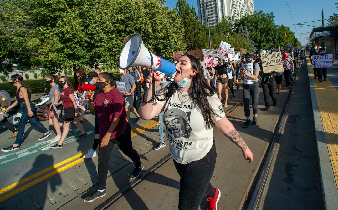 (Rick Egan  |  The Salt Lake Tribune)    Sofia Alcala leads the crowd, during a Justice for Bernardo demonstration, in Salt Lake City, Tuesday, July 7, 2020.