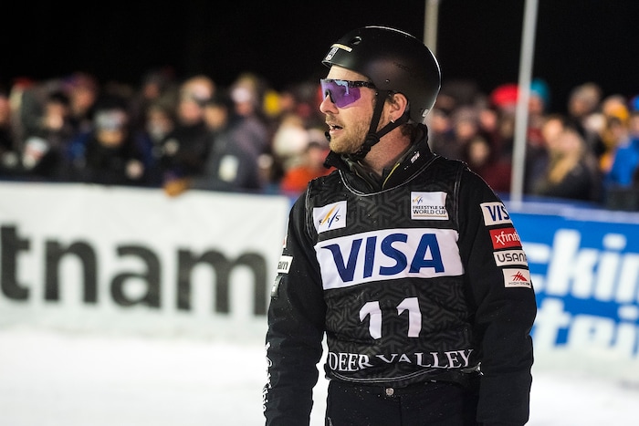 (Chris Detrick  |  The Salt Lake Tribune)  USA's Jonathon Lillis (11) competes in the Men's Aerial Finals during the FIS Visa Freestyle International Ski World Cup at Deer Valley Resort Friday, January 12, 2018.  Lillis finished in sixth place with a score of 72.85.