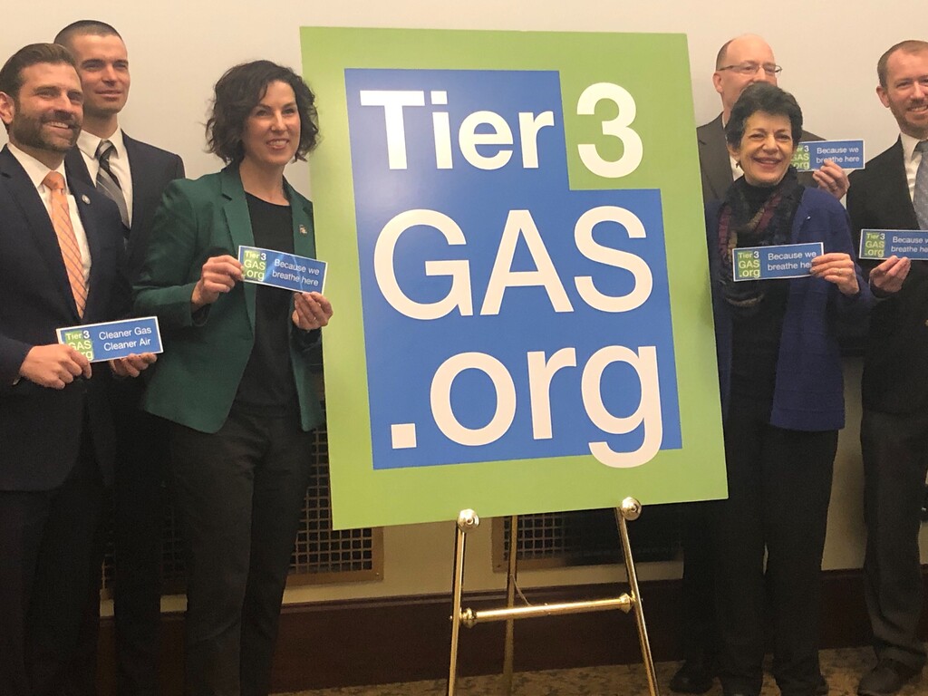 (Lee Davidson | The Salt Lake Tribune) Rep. Suzanne Harrison, D-Draper, on the left, stands with advocates and others to promote her new website, tier3gas.org, to show where Utahns may buy Tier 3 gasoline during a news conference on Jan. 23, 2020.