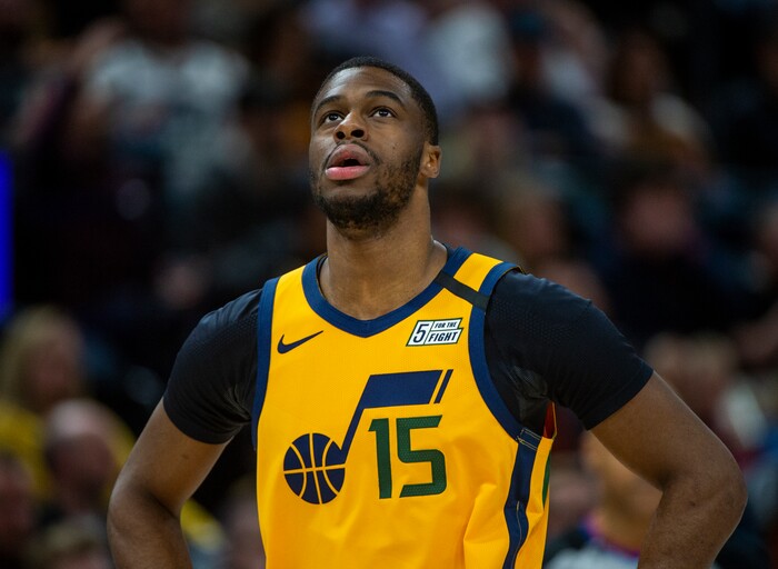 (Rick Egan  |  The Salt Lake Tribune)    
Utah Jazz guard Emmanuel Mudiay (15) watches a review of a play, in NBA action between the Utah Jazz and the San Antonio Spurs, in Salt Lake City, Friday, Feb. 21, 2020.