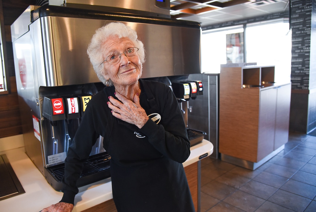 (Francisco Kjolseth  |  The Salt Lake Tribune)  After 25 years at Arby's, 94-year-old Dorothy Bale has no plans to retire from the job she started when she was 69. Pausing from her duties at the end of her shift, Bale reflects on a time when she had to vacuum carpets, two renovations, working under 21 different managers and friends who have died.