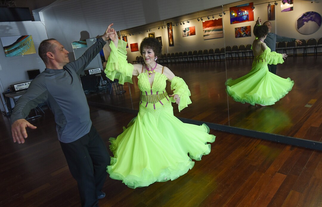 (Francisco Kjolseth  |  The Salt Lake Tribune)  Jean Woodruff, a 92-year-old who loves ballroom dancing and loves competitions, prepares for an upcoming competition with Martin Skupinski, founder of Ballroom Utah Dance Studio. Jean danced for years with her husband, and the couple taught lessons in a dance studio in their Holladay home. She stopped dancing after he had a stroke, and then died. Several years ago, she started dancing again, and now competes regularly.