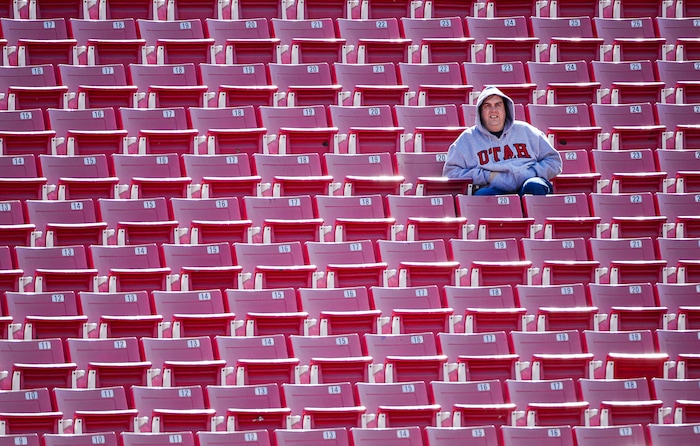 (Francisco Kjolseth  |  The Salt Lake Tribune)  Looking forward to football season, University of Utah alumni Jeff Camomile watches the Utes hold their first of two major scrimmages of spring practice at Rice Eccles stadium on Saturday, March 30, 2019, prior to the April 13 Red-White Game. 