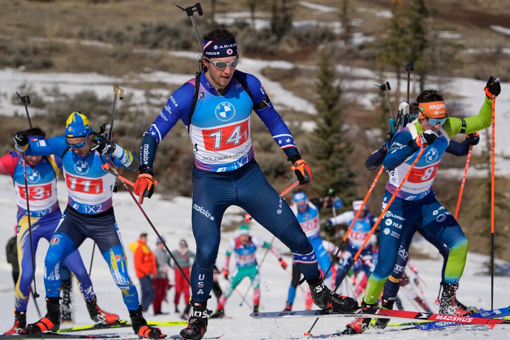(Francisco Kjolseth | The Salt Lake Tribune) Vincent Bonacci, center, of the US takes the first leg of the Men’s 4X7.5km Relay at the Soldier Hollow Nordic Center in Midway, Utah, for the first day of competition of the BWW IBU World Cup Biathlon on Friday, March 8, 2024.