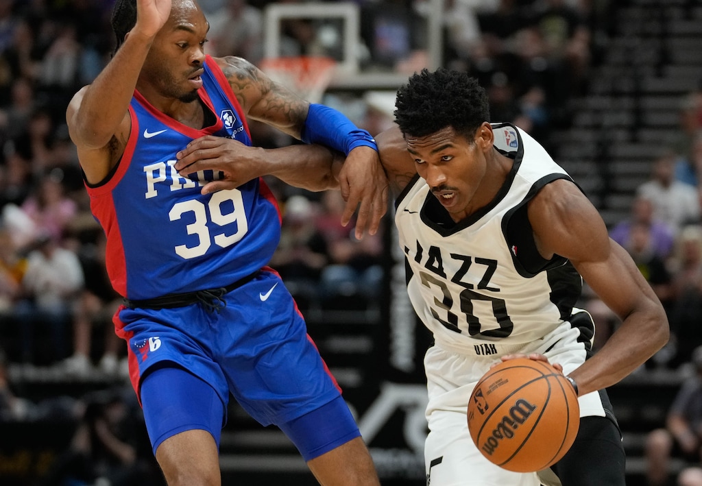 (Francisco Kjolseth | The Salt Lake Tribune) Philadelphia 76ers guard Javonte Smart (39) tries to pressure Utah Jazz guard Ochai Agbaji (30) during an NBA Summer League basketball game Wednesday, July 5, 2023, at the Delta Center in Salt Lake City.