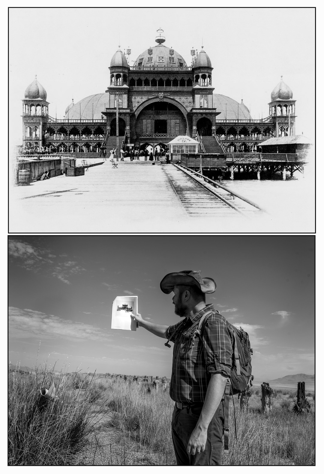 (Leah Hogsten | The Salt Lake Tribune) Christopher Merritt, a state historic preservation officer, holds a copy of a photograph, above, of what visitors to Saltair I would've seen from where Merritt stands near the resort's former location, Thursday, July 21, 2022. 