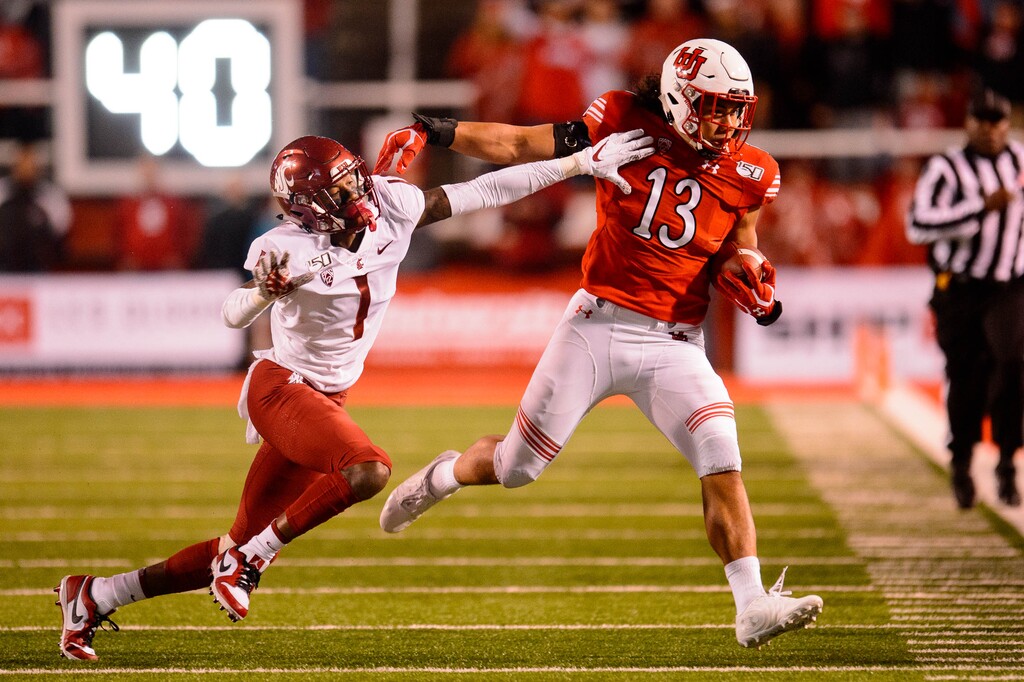(Trent Nelson  |  The Salt Lake Tribune)  Utah Utes linebacker Francis Bernard (13) runs after making an interception as the Utah Utes host the Washington State Cougars, NCAA football at Rice-Eccles Stadium in Salt Lake City on Saturday Sept. 28, 2019.