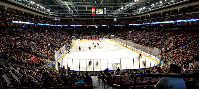 (Steve Griffin  |  The Salt Lake Tribune) The Utah Grizzlies battle the Idaho Steelheads at the Maverik Center in West Valley City Monday Feb. 19, 2018.