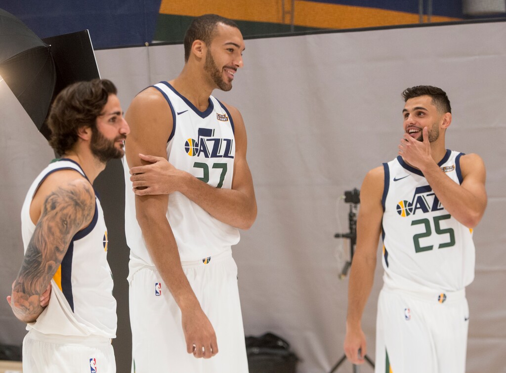 (Rick Egan  |  The Salt Lake Tribune) Utah Jazz players Ricky Rubio, Rudy Gobert, and Raul Neto share a laugh, during the Utah Jazz media day, at the Zions Bank Basketball Center, Monday, September 25, 2017.