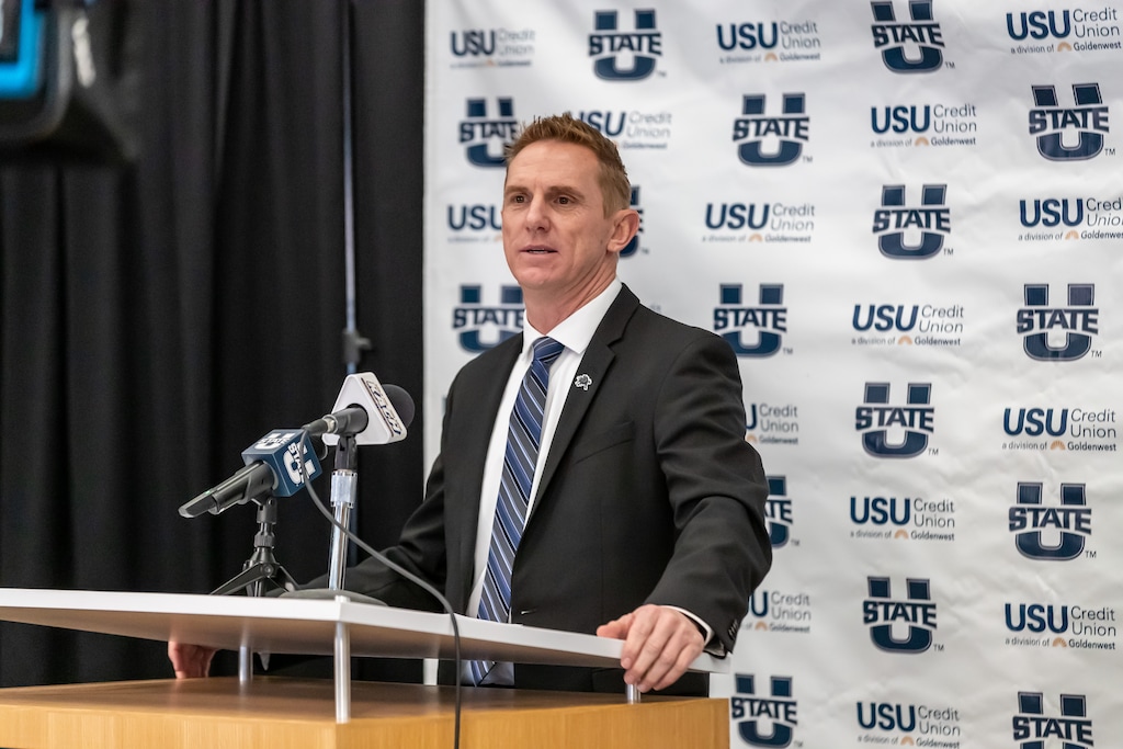 (Photo courtesy of Wade Denniston, Utah State University) Blake Anderson speaks at a ceremony in Logan on Monday, Dec. 14, 2020, officially introducing him as Utah State University's 29th head football coach.