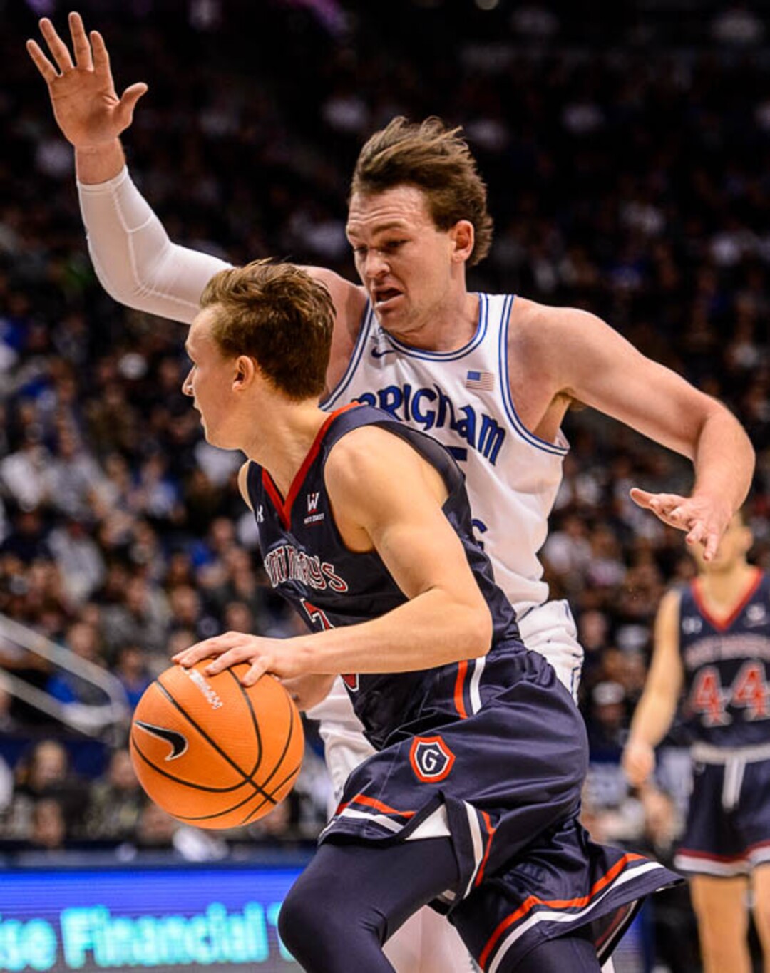 (Trent Nelson | The Salt Lake Tribune)   Brigham Young Cougars forward Payton Dastrup (15) defending St. Mary's Gaels guard Emmett Naar (3) as BYU hosts the St. Mary's Gaels, NCAA basketball in Provo, Saturday December 30, 2017.