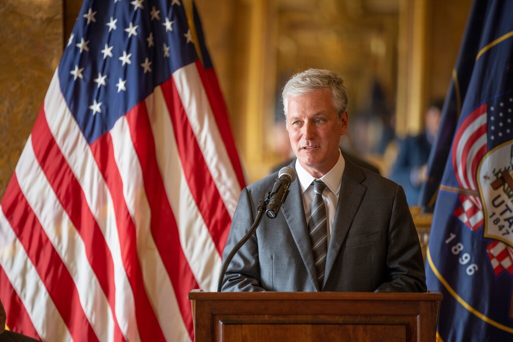 (Rick Egan | The Salt Lake Tribune) Robert O'Brien, a former national security adviser of the Trump administration, says a few words during a news conference in the Gold Room at the Capitol, on Monday, Feb. 12, 2024.
