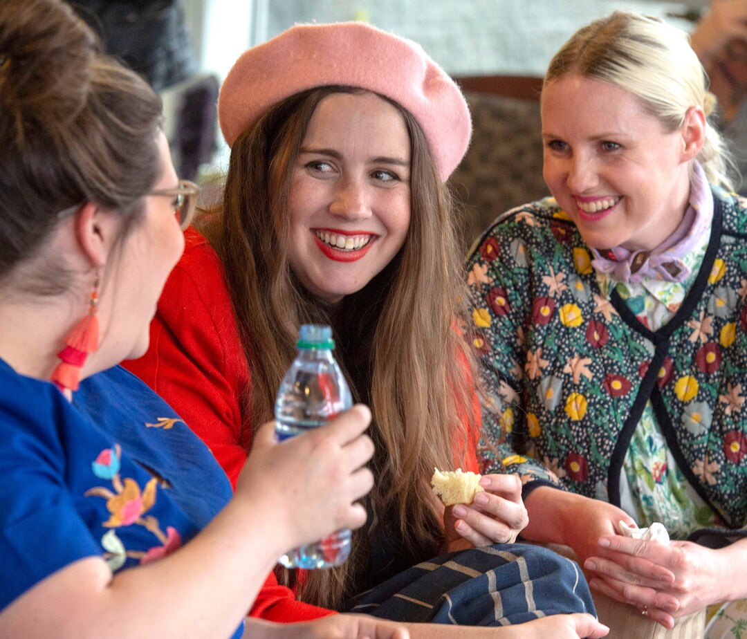 (Rick Egan  |  The Salt Lake Tribune)  Social media influencers Caitlin Boyes, center, and Brittany Jepsen share a laugh during a preview event for "Norma," at the Utah Opera Production Studios, Monday, April 15, 2019.