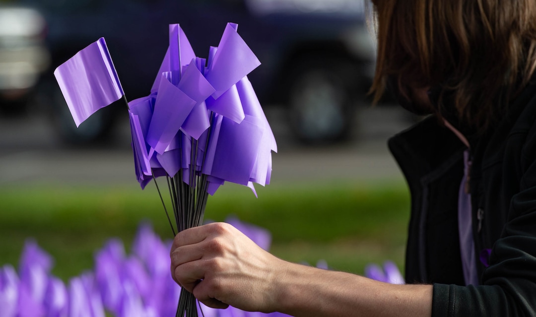 (Francisco Kjolseth  |  The Salt Lake Tribune) Volunteer Zachary Farr helps plant flags at Liberty Park in Salt Lake City, on Saturday, Oct. 17, 2020, to recognize the thousands of individuals in Utah who are impacted by domestic violence each year for the Stop the Violence Utah campaign.