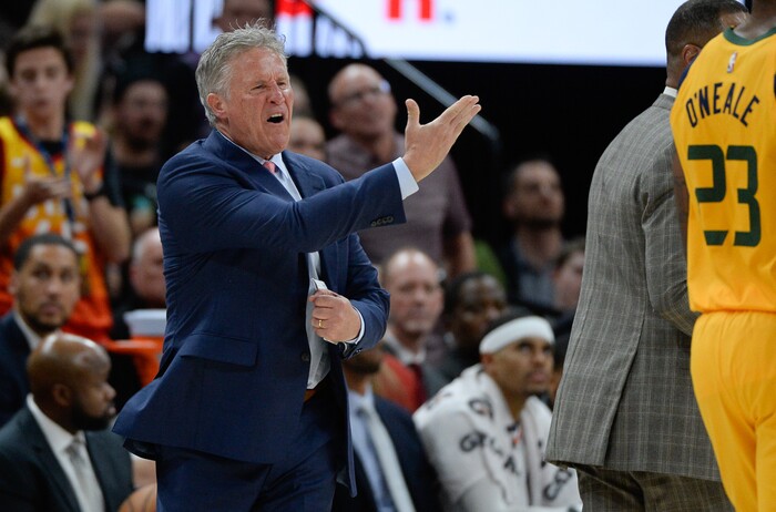 (Francisco Kjolseth  |  The Salt Lake Tribune)  Philadelphia 76ers head coach Brett Brown gets a technical foul as he blows up at the refs on a call as the Utah Jazz host the Philadelphia 76ers in their NBA basketball game at Vivint Smart Home Arena in Salt Lake City on Wed. Nov. 6, 2019.