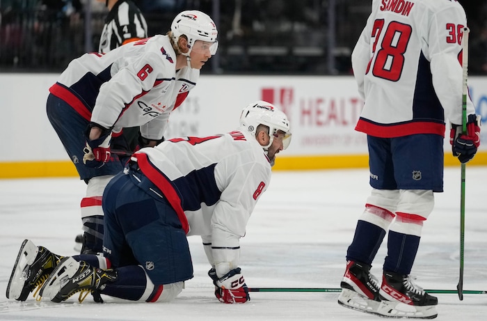 (Francisco Kjolseth | The Salt Lake Tribune) Washington Capitals left wing Alex Ovechkin (8) is injured while playing the Utah Hockey Club during an NHL hockey game at the Delta Center in Salt Lake City on Monday, Nov. 18, 2024.