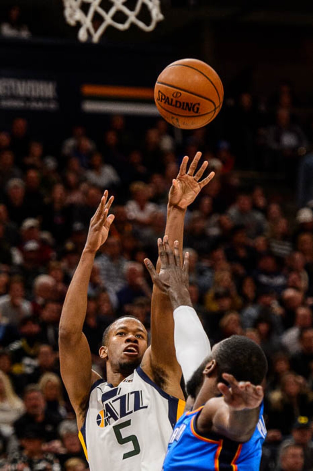(Trent Nelson | The Salt Lake Tribune)  Utah Jazz guard Rodney Hood (5) shoots as the Utah Jazz host the Oklahoma City Thunder, NBA basketball in Salt Lake City, Saturday December 23, 2017.