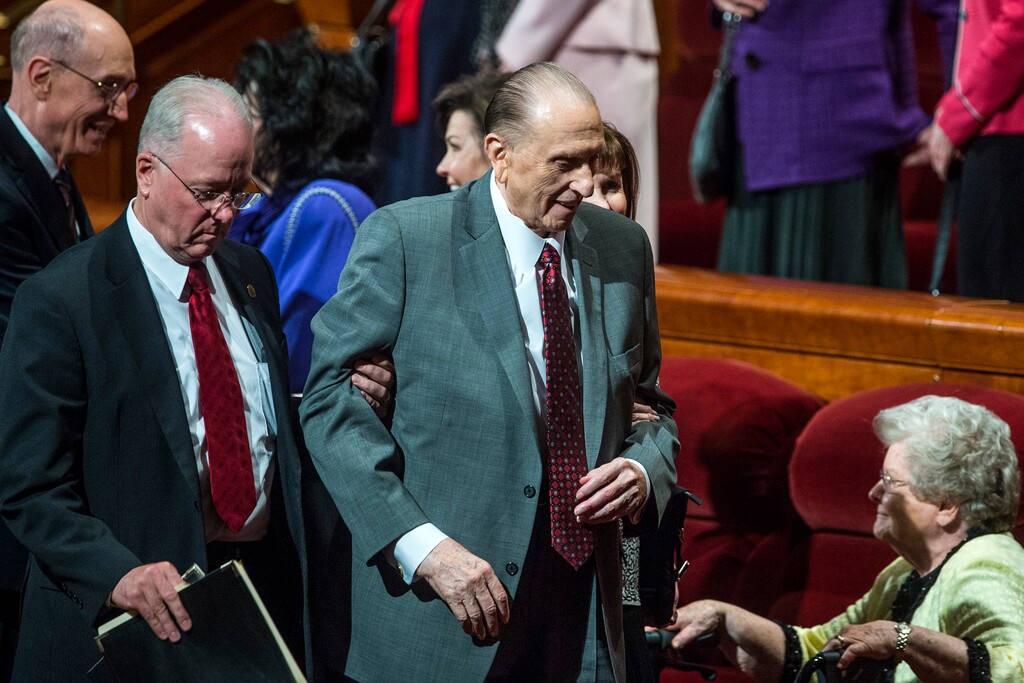 Chris Detrick  |  The Salt Lake TribunePresident Thomas S. Monson leaves after the morning session of the 187th Annual General Conference at the Conference Center in Salt Lake City Saturday, April 1, 2017.  