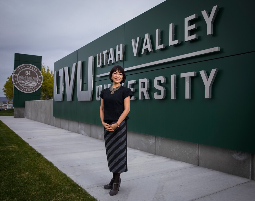 (Photo Courtesy of August Miller/Utah Valley University) Astrid Tuminez, the new president of Utah Valley University, poses for portraits and speaks to students and others on the campus of Utah Valley University on Thursday, April 19, 2018.