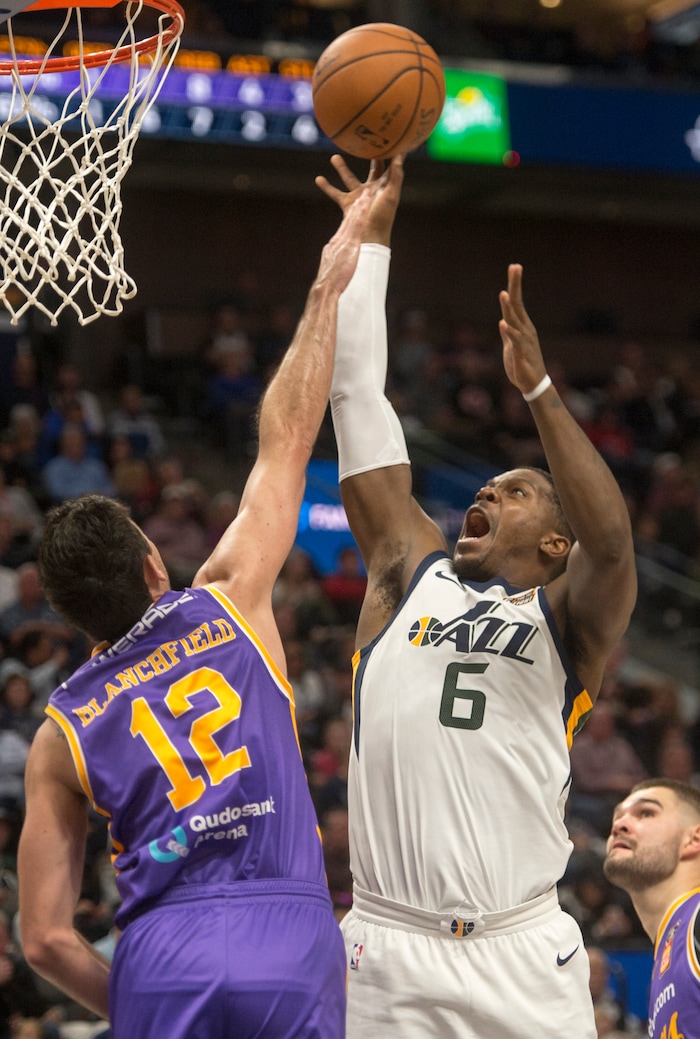 (Rick Egan  |  The Salt Lake Tribune) Utah Jazz forward Joe Johnson (6) shoots over Sydney Kings forward Todd Blanchfield (12), in preseason basketball Utah Jazz vs.Sydney Kings, in Salt Lake City, Sunday, October 2, 2017.


