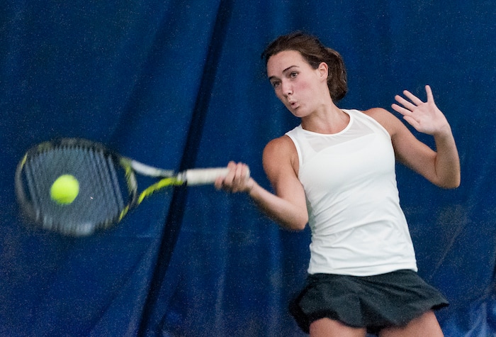 Michael Mangum  |  Special to the TribuneRowland Hall's Katie Foley hits a forehand shot during the Utah high school state tennis finals at the Salt Lake Tennis & Health Club in Salt Lake City on Saturday, September 30, 2017. Foley defeated Waterford's Sophie Christensen for the 3A 1st singles state championship.